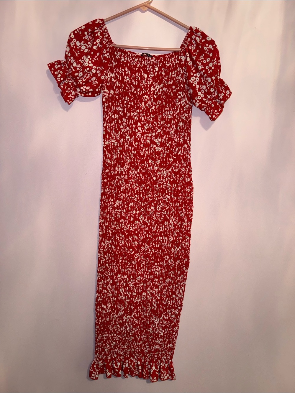 SHEIN Red Floral Smocked Maxi Dress with Puff Sleeves